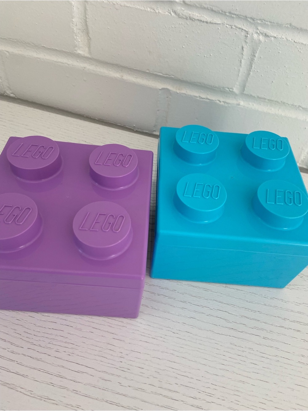 Two Lego Storage Brick Boxes - Purple and Turquoise